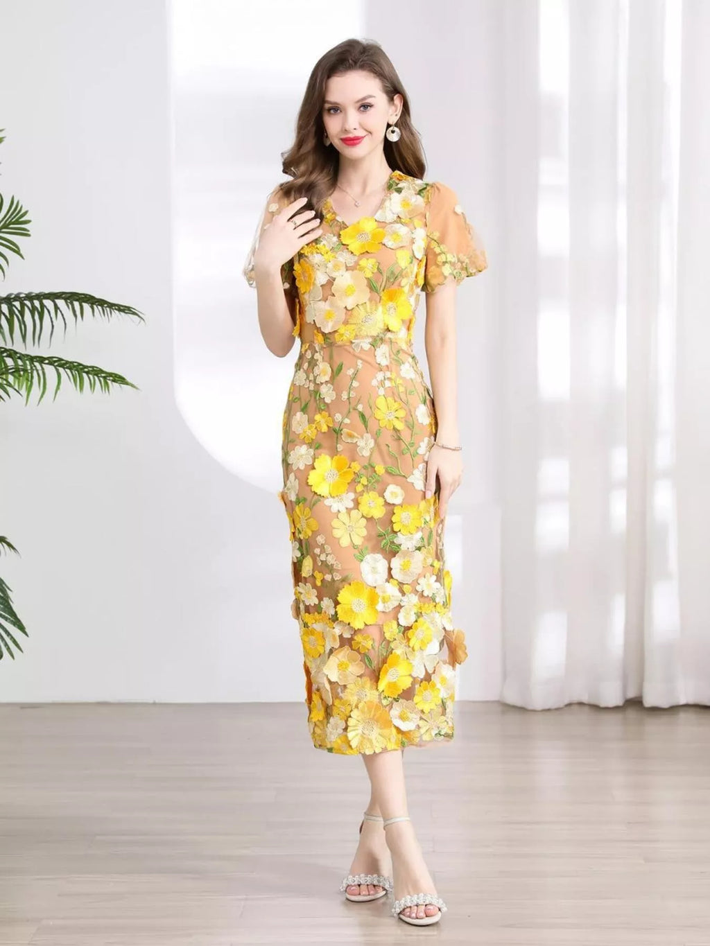 YSONA Floral Embroidered Puff Sleeve Midi Dress — fabric detail | Women's Dress | Shop YSONA