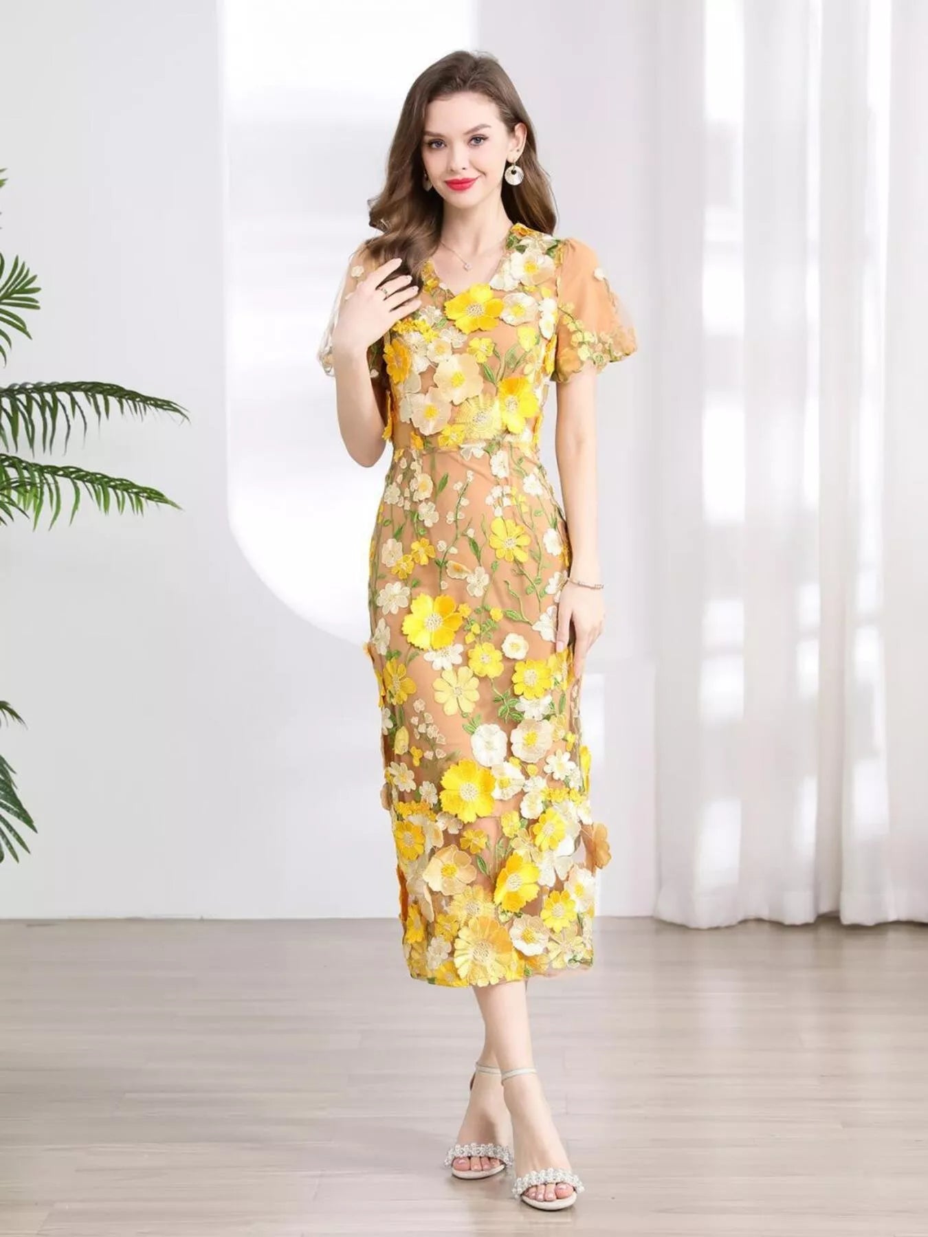YSONA Floral Embroidered Puff Sleeve Midi Dress — fabric detail | Women's Dress | Shop YSONA