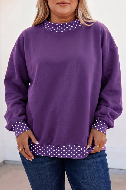 Dirty blue Polka Dot Patchwork Round Neck Plus Size Sweatshirt