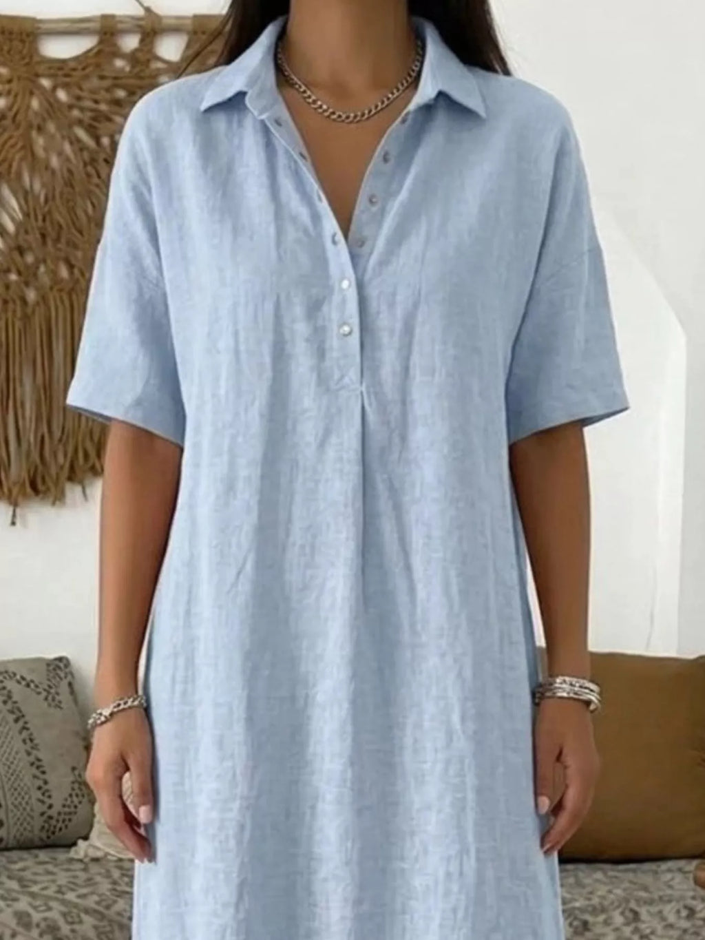 YSONA Full Size Button Detail Half Sleeve Dress Plus Size — back view | Women's Dress