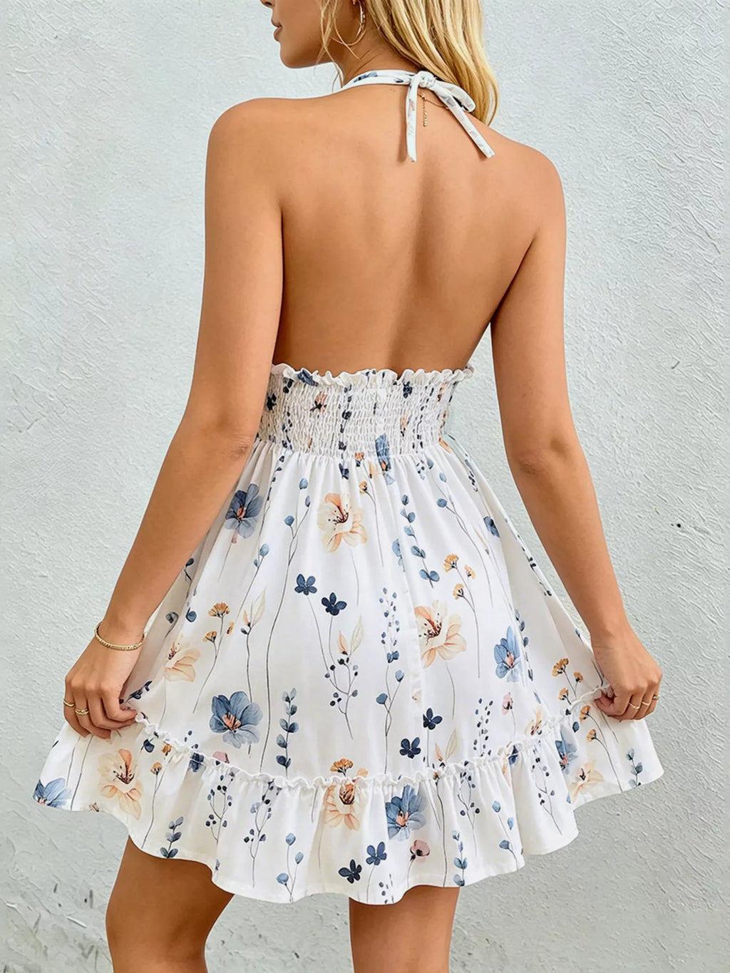 YSONA Floral Print Halter Neck Mini Dress — side view | Women's Dress | Shop YSONA