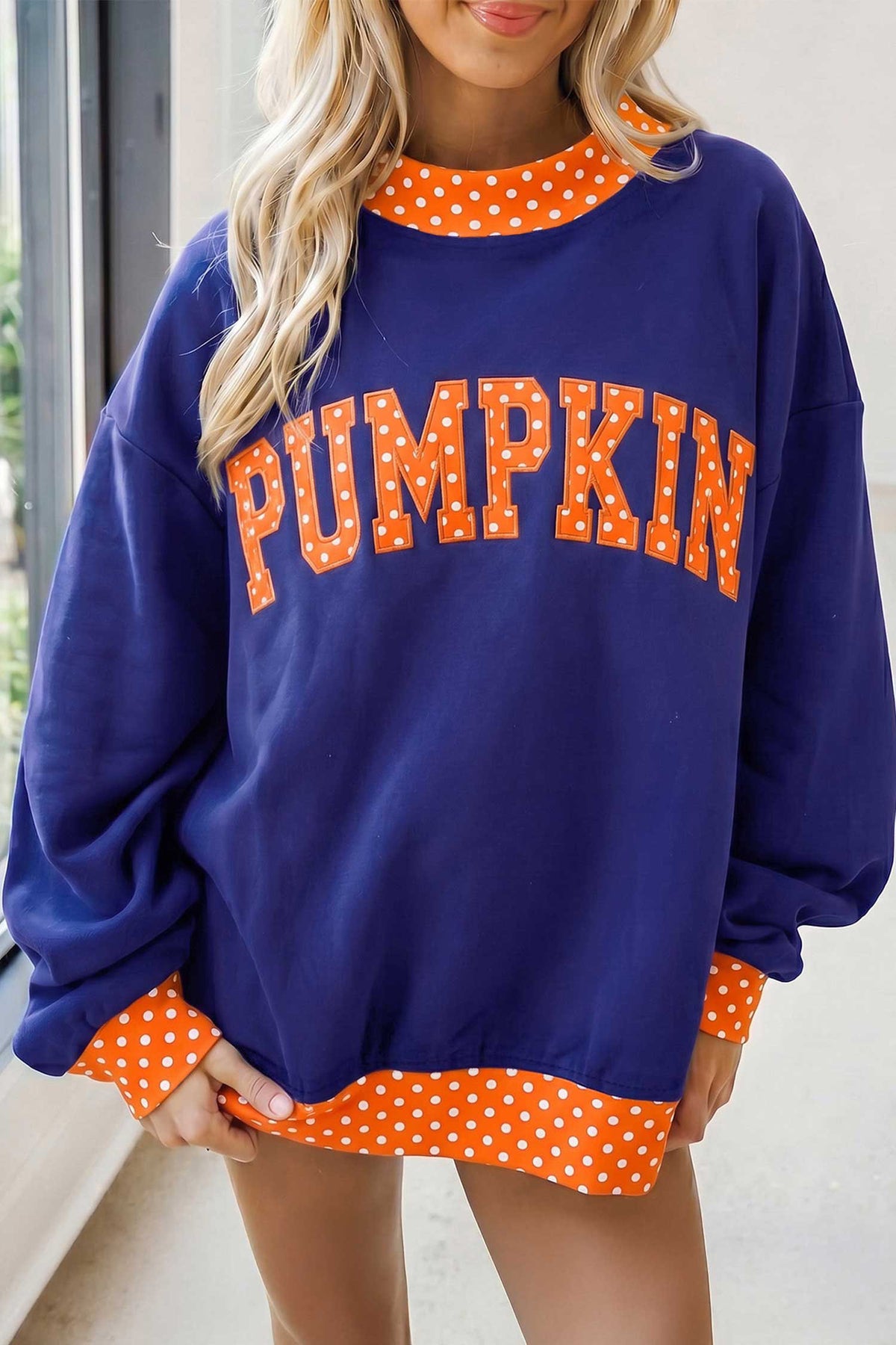 Dirty blue Polka Dot Letter Print Contrast Trim Mock Neck Sweatshirt