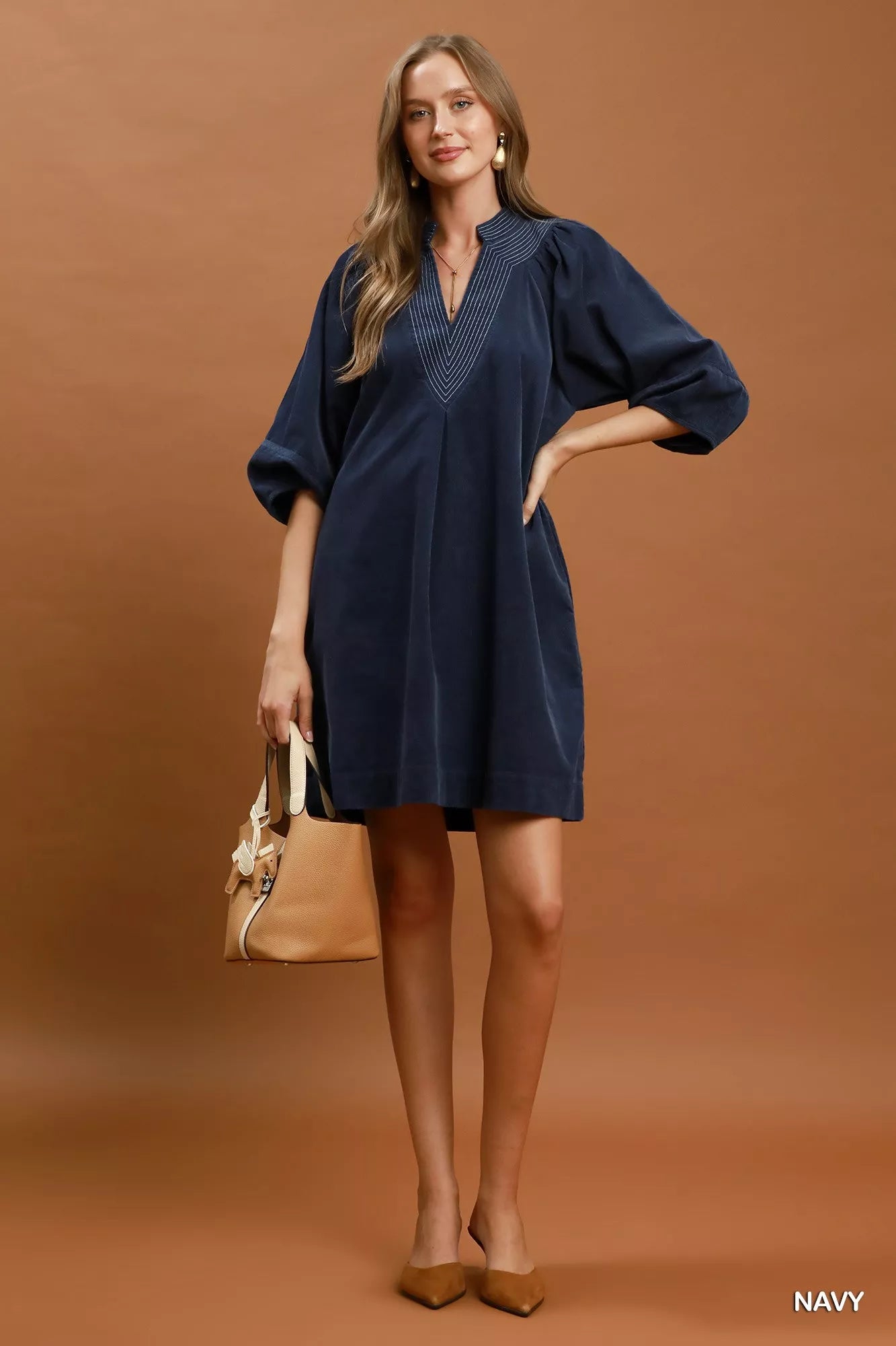 YSONA Umgee Corduroy V-Neck Puff Sleeve Shift Dress with Pockets — detail view | Women's Dress