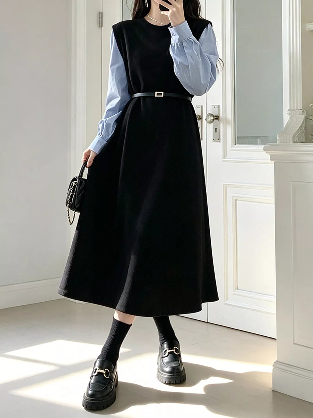 YSONA Contrast Sleeve A-Line Dress with Belt — front view | Women's Dress | Shop YSONA