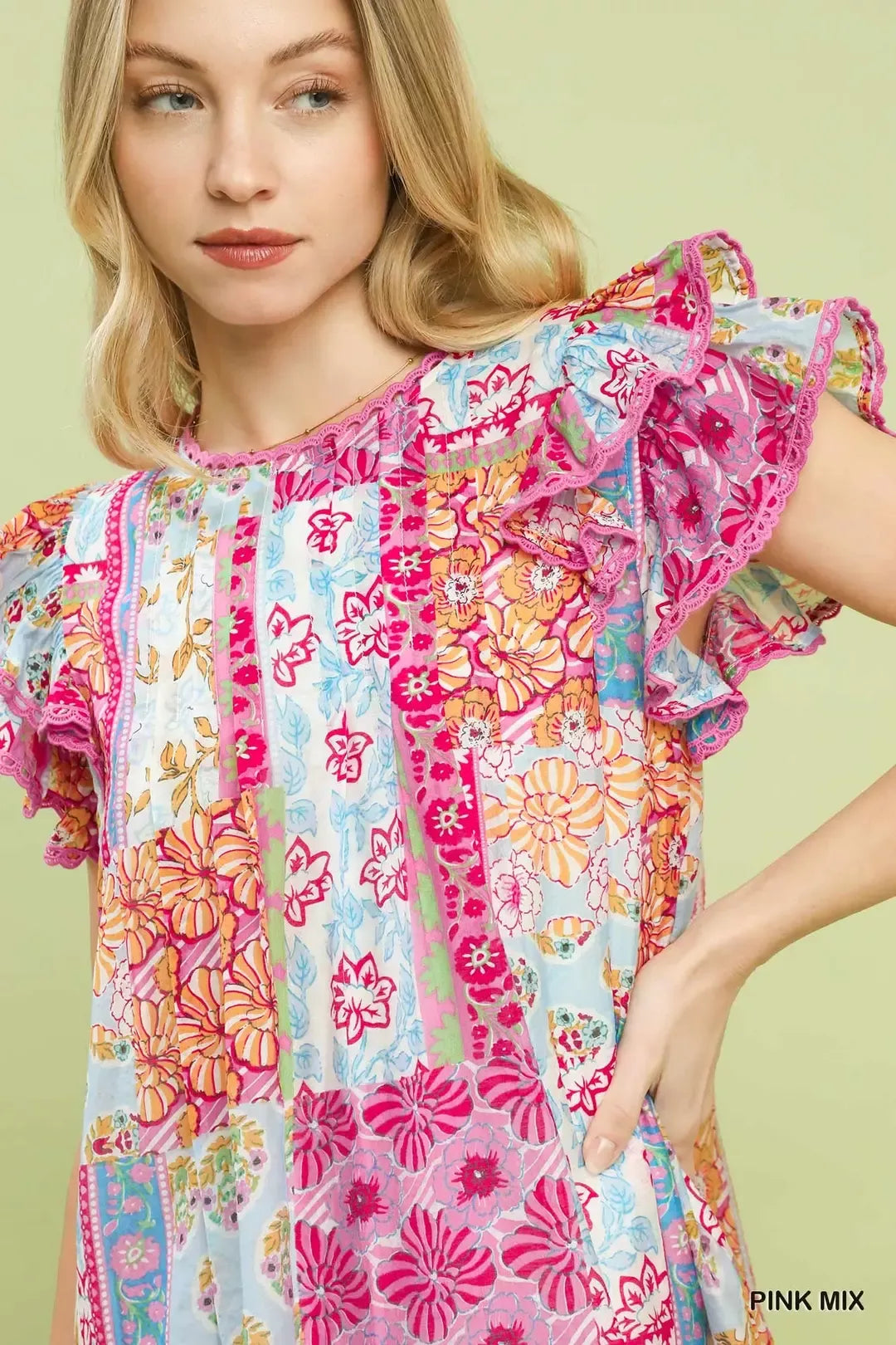 YSONA Umgee Mix Patchwork Flutter Sleeve Mini Dress — model wearing | Women's Dress | Shop YSONA