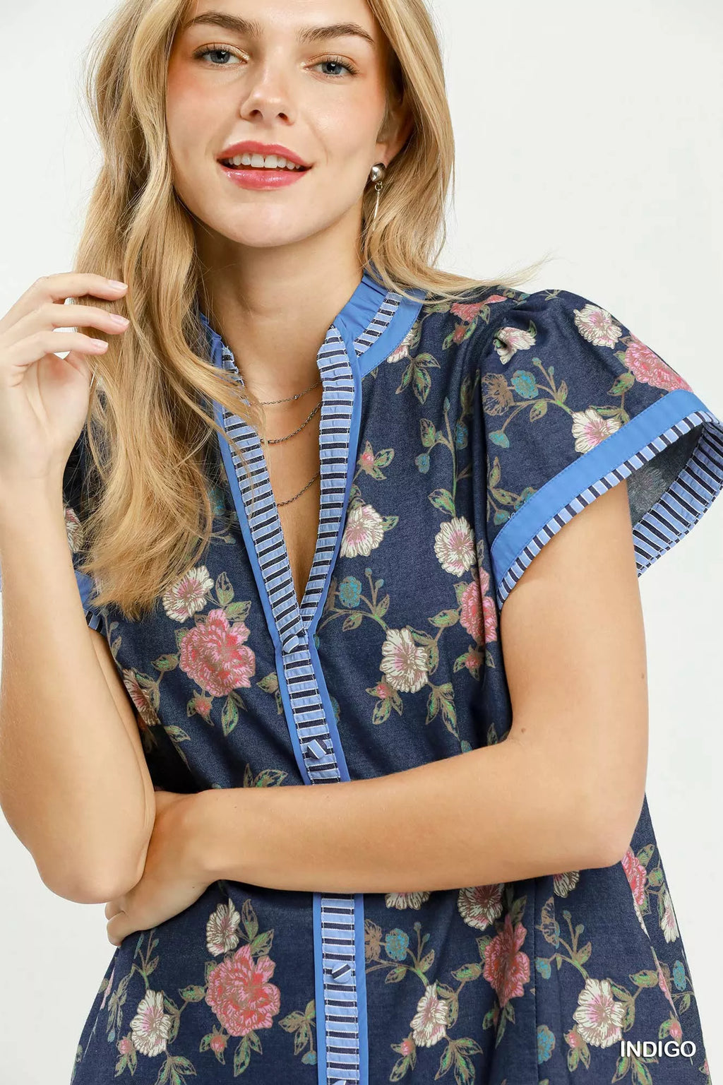YSONA Umgee Floral Contrast Trim Ruffle Hem Mini Dress — close-up view | Women's Dress | Shop YSONA