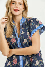 YSONA Umgee Floral Contrast Trim Ruffle Hem Mini Dress — close-up view | Women's Dress | Shop YSONA