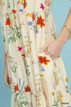 YSONA Umgee Floral Ruffle Tiered Midi Dress with Scalloped Detail — close-up view | Women's Dress