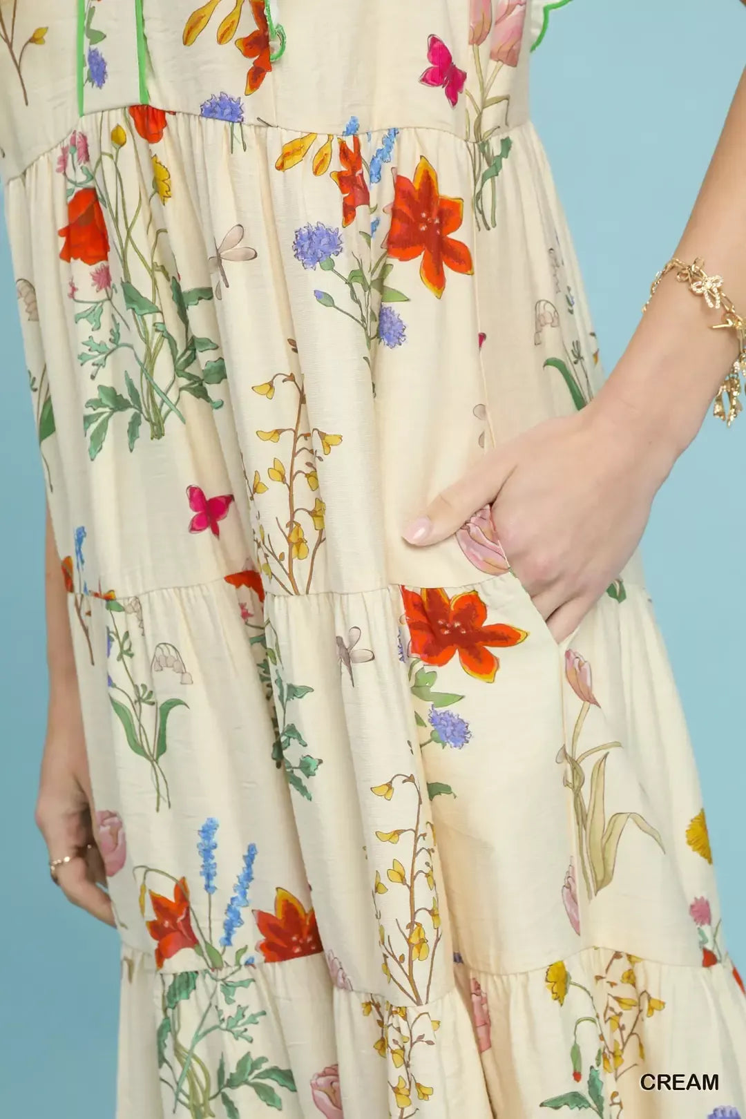 YSONA Umgee Floral Ruffle Tiered Midi Dress with Scalloped Detail — close-up view | Women's Dress