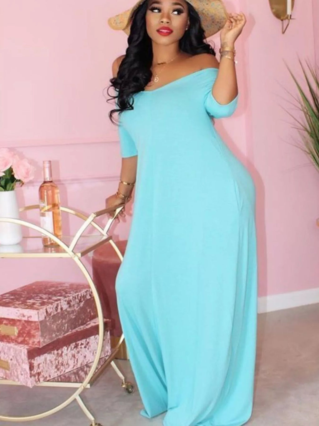 YSONA Full Size Solid Color Short Sleeve Maxi Dress Plus Size — fabric detail | Women's Dress
