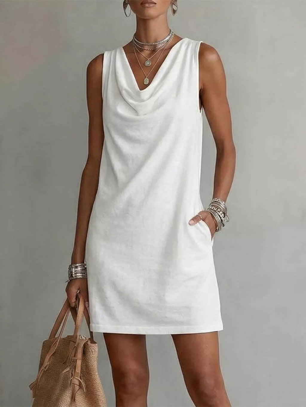 YSONA Casual Sleeveless Cowl Neck Mini Dress — front view | Women's Dress | Shop YSONA