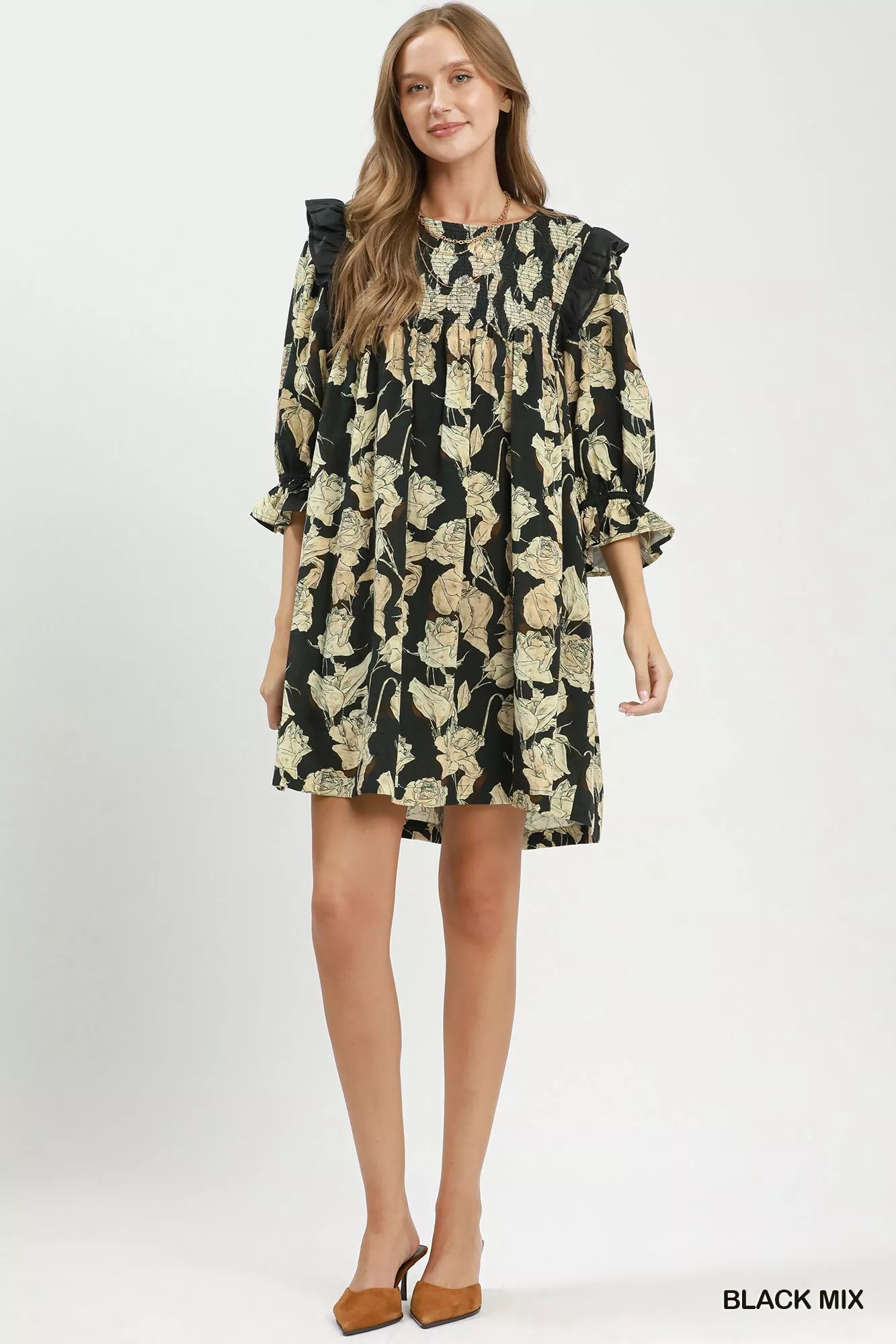 YSONA Umgee Mix Floral Print Smocked Ruffle Detail Flowy Dress — detail view | Women's Dress