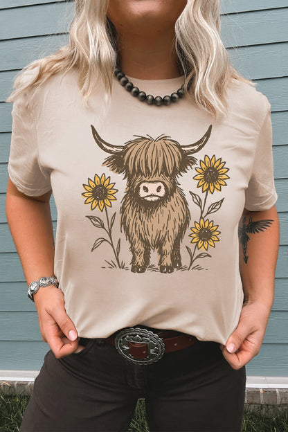 Khaki Western Print Highland Cow Graphic T-Shirt