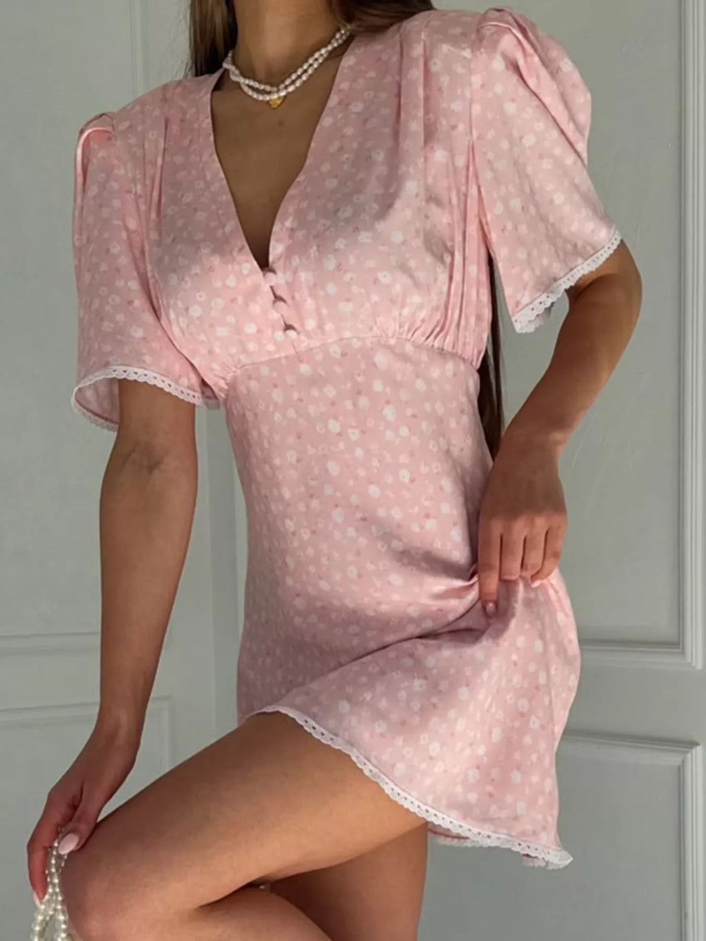 YSONA V-Neck Puff Sleeve Mini Dress with Lace Trim — side view | Women's Dress | Shop YSONA