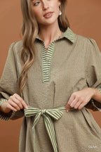 YSONA Umgee Striped Contrast Belted Puff Sleeve Mini Dress — close-up view | Women's Dress | Shop YSONA
