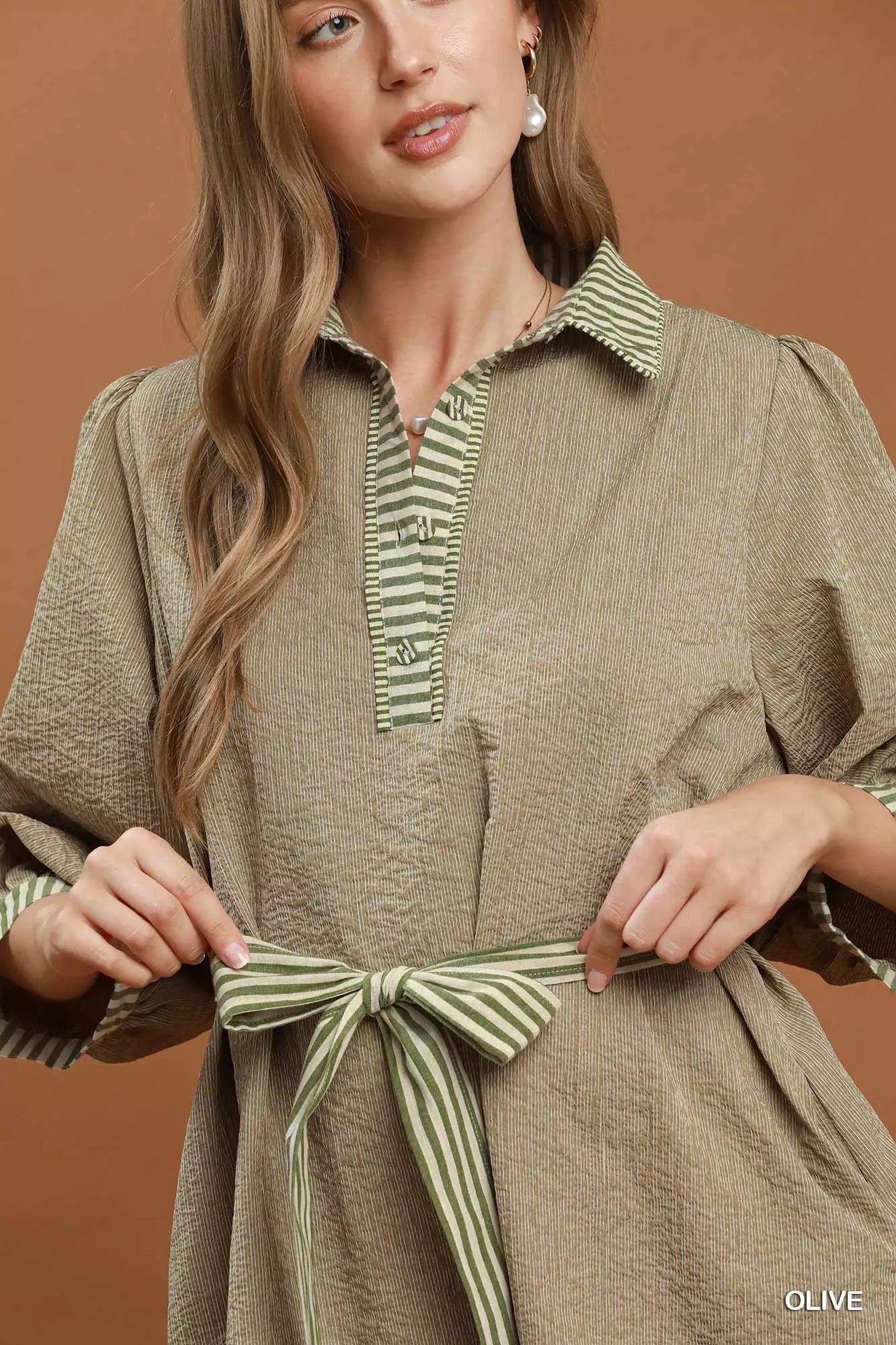 YSONA Umgee Striped Contrast Belted Puff Sleeve Mini Dress — close-up view | Women's Dress | Shop YSONA