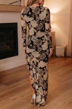 YSONA Floral Long Sleeve Asymmetric Ruffle Split Hem Mesh Dress — back view | Women's Dress