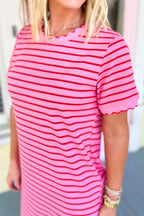 YSONA Stripe Striped Scalloped Trim Side Slit Maxi Tee Dress — model wearing | Women's Dress
