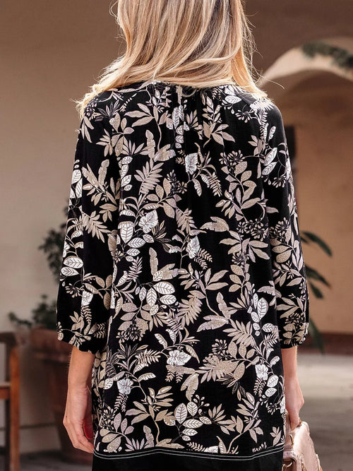 3/4 Sleeve Botanical Print Split Neck Loose Mini Dress - view 2