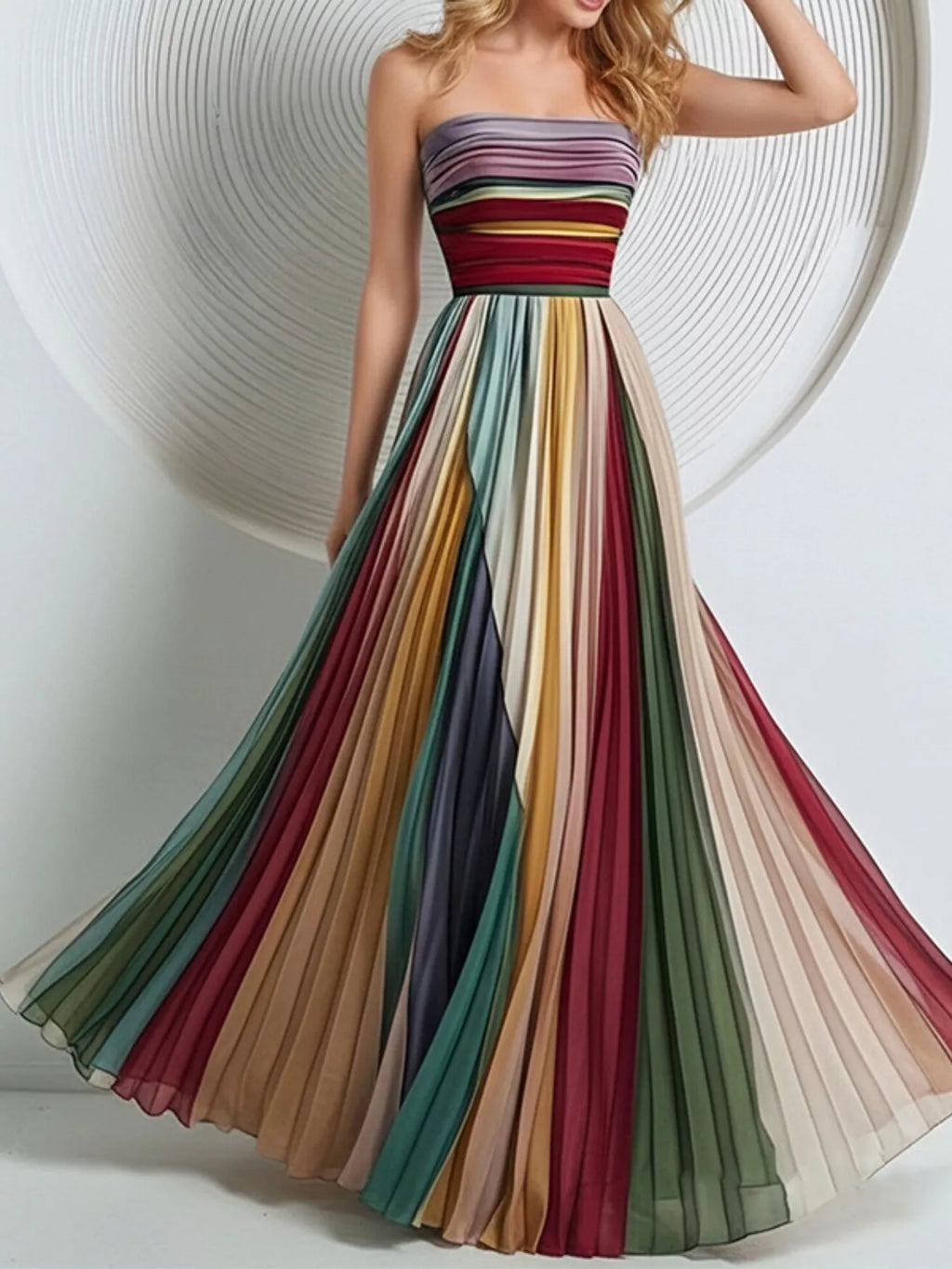 YSONA Striped Pleated Tube Maxi Dress — front view | Women's Dress | Shop YSONA