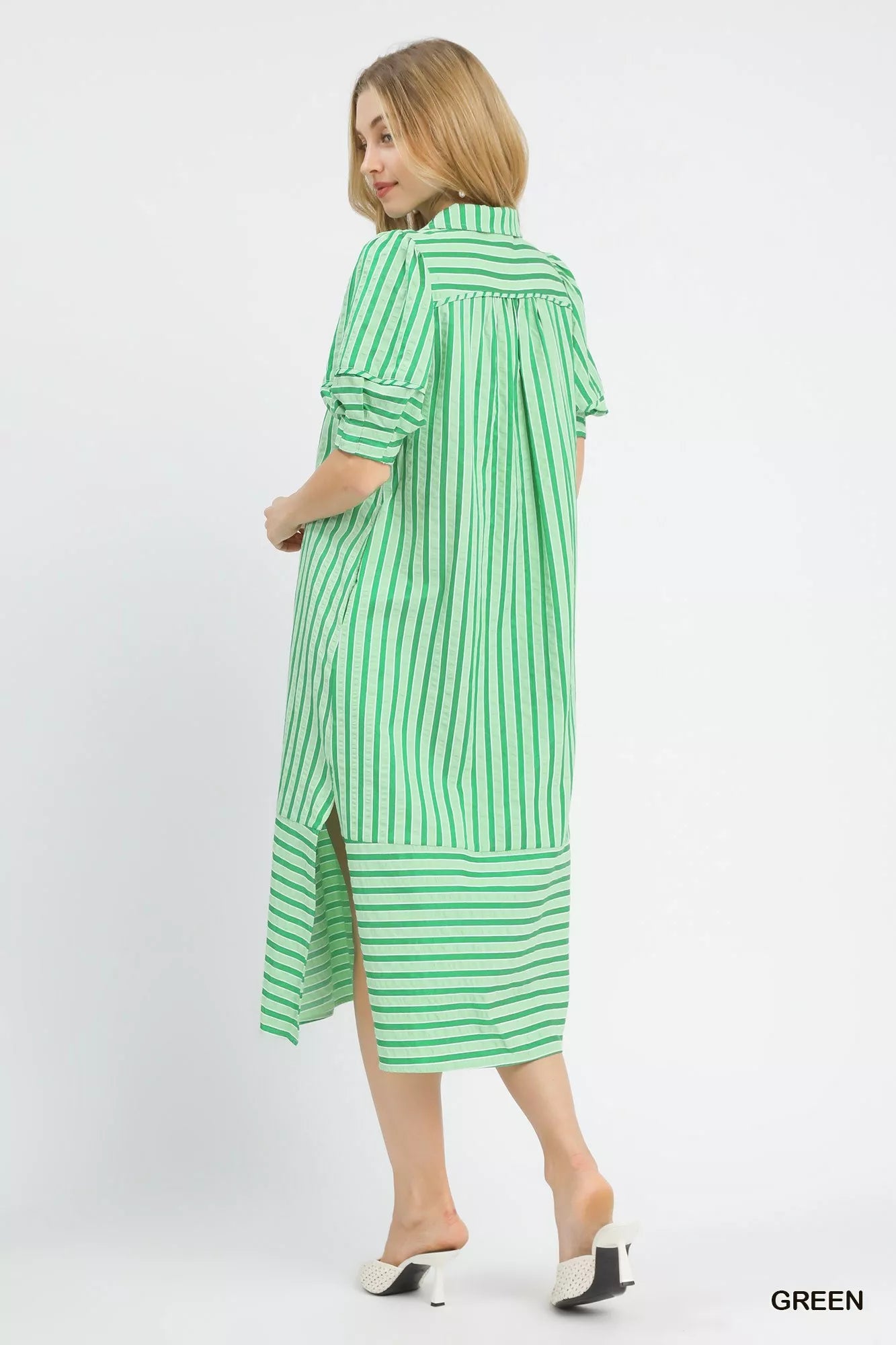 YSONA Umgee Striped Puff Sleeve Midi Dress — side view | Women's Dress | Shop YSONA
