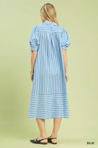 YSONA Umgee Striped Puff Sleeve Midi Dress — side view | Women's Dress | Shop YSONA