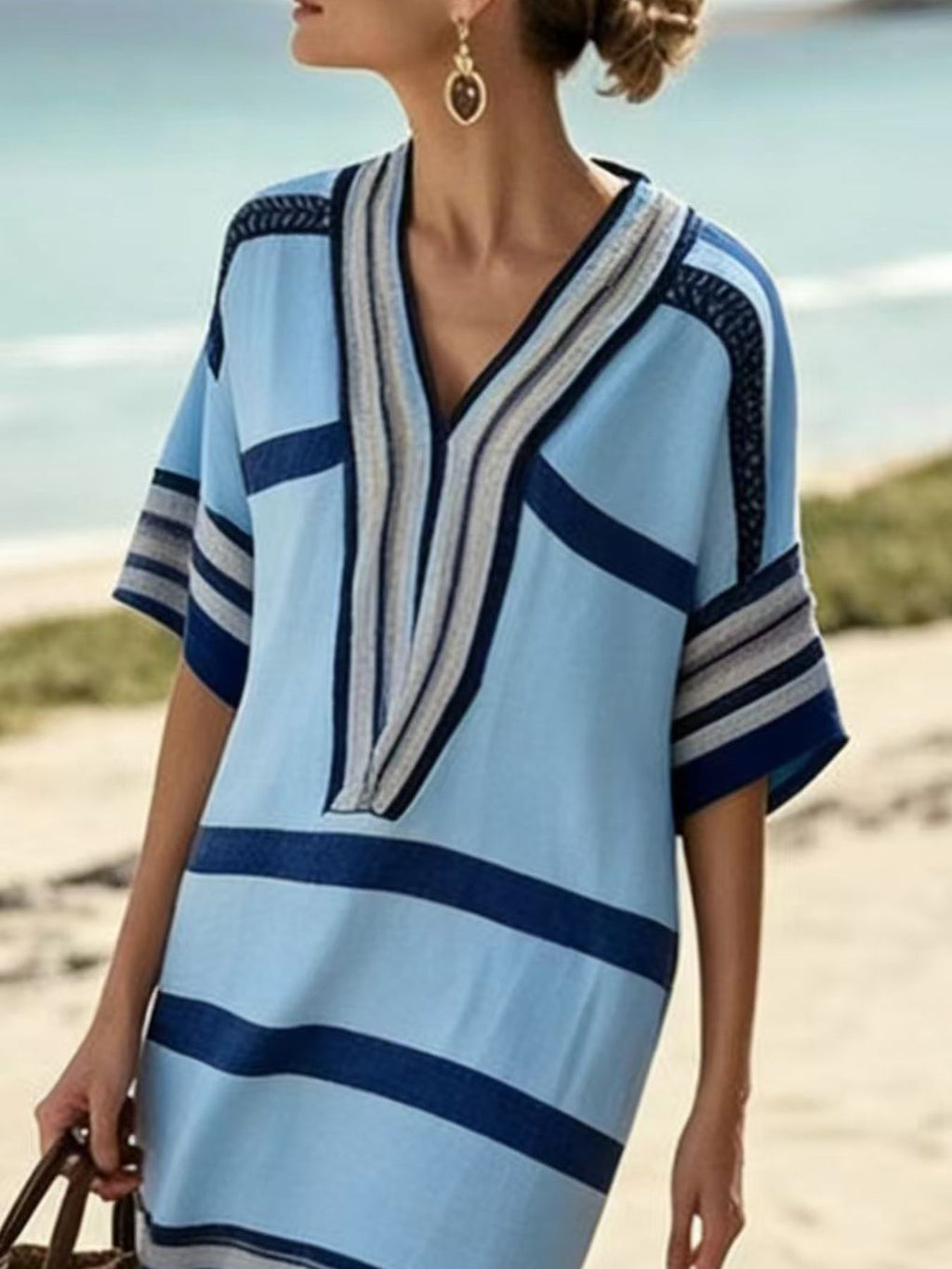YSONA Full Size Striped Half Sleeve Midi Dress Plus Size — back view | Women's Dress