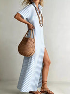 YSONA Full Size Striped Maxi Dress with Side Slit Plus Size — back view | Women's Dress