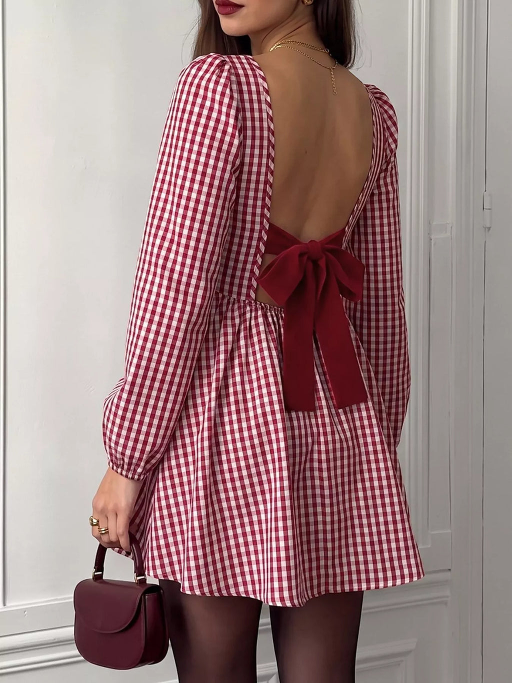 YSONA Backless Plaid Long Sleeve Dress — front view | Women's Dress | Shop YSONA