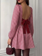 YSONA Backless Plaid Long Sleeve Dress — front view | Women's Dress | Shop YSONA