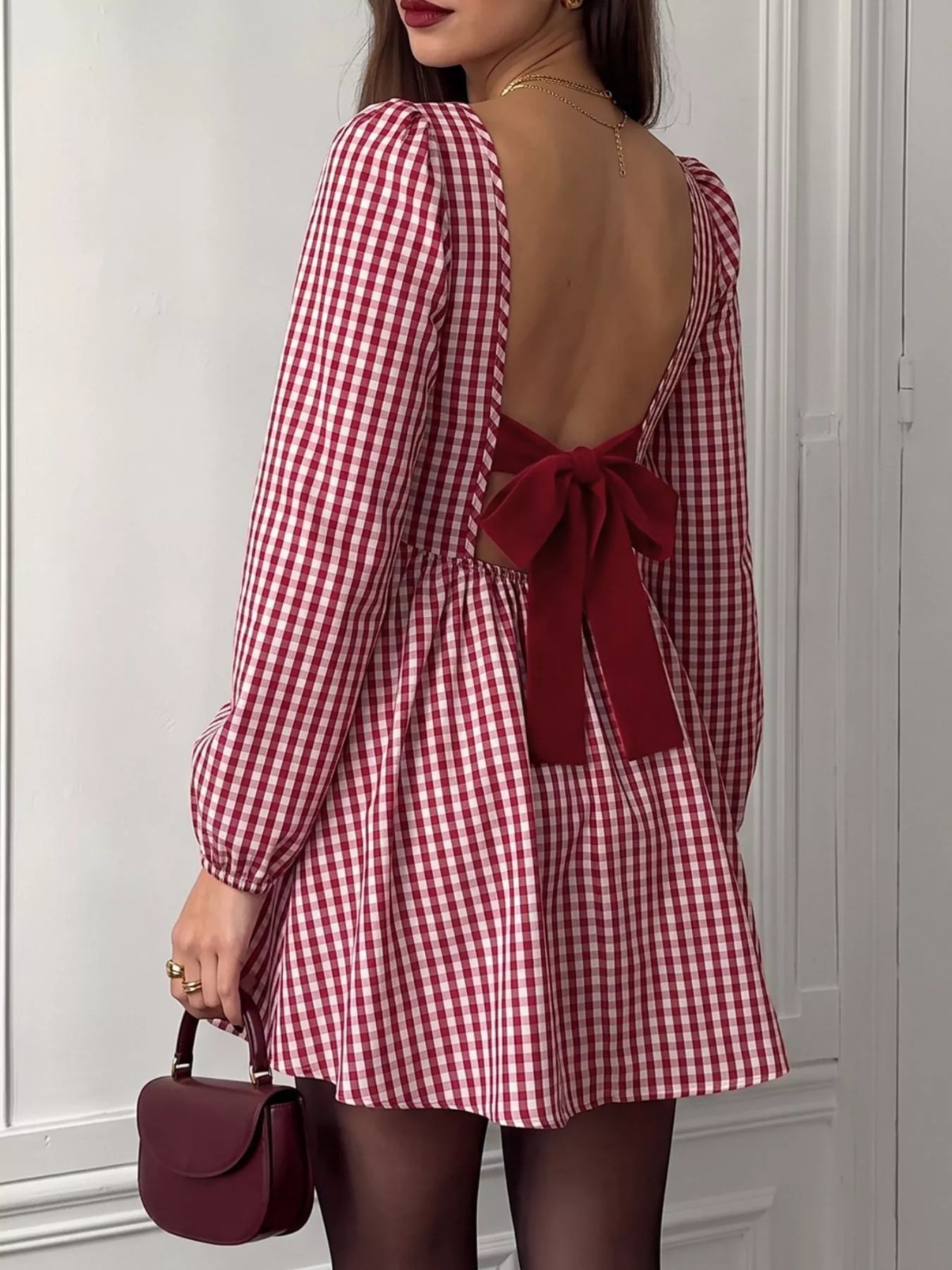 YSONA Backless Plaid Long Sleeve Dress — front view | Women's Dress | Shop YSONA