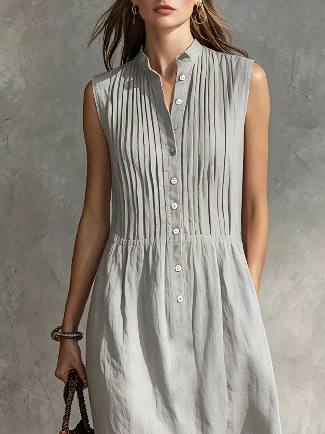 YSONA Full Size Sleeveless Button Front Midi Dress Plus Size — close-up view | Women's Dress