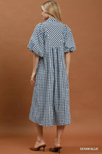 YSONA Umgee Puff Sleeve Plaid Midi Dress — side view | Women's Dress | Shop YSONA