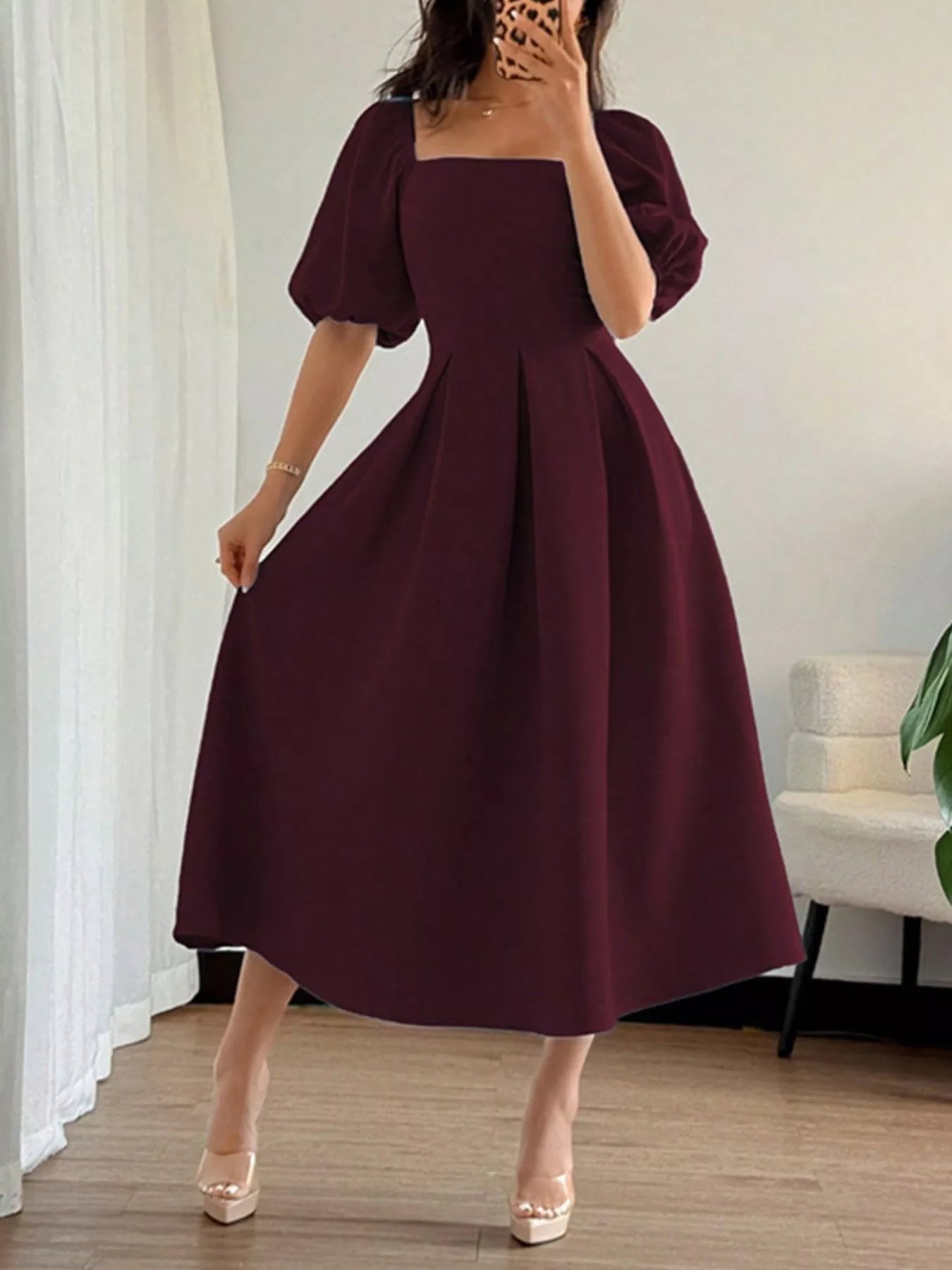 YSONA Square Neck Flutter Sleeve Midi Dress — model wearing | Women's Dress | Shop YSONA