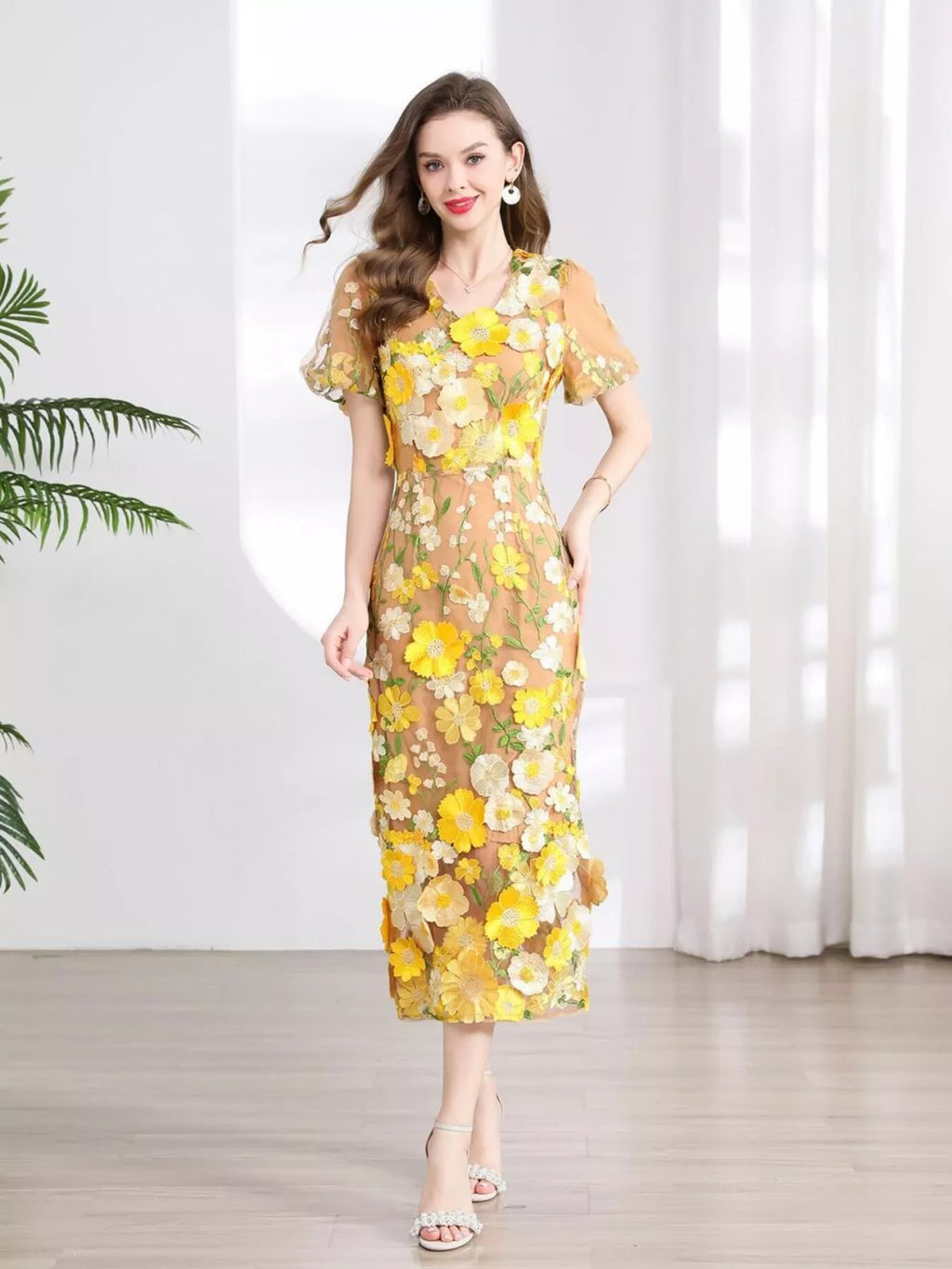 YSONA Floral Embroidered Puff Sleeve Midi Dress — alternate view | Women's Dress | Shop YSONA