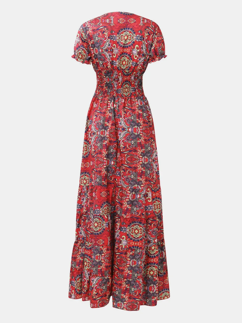 YSONA Full Size Smocked Printed V-Neck Short Sleeve Dress — model wearing | Women's Dress