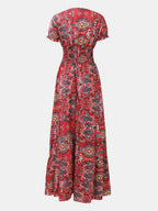YSONA Full Size Smocked Printed V-Neck Short Sleeve Dress — model wearing | Women's Dress