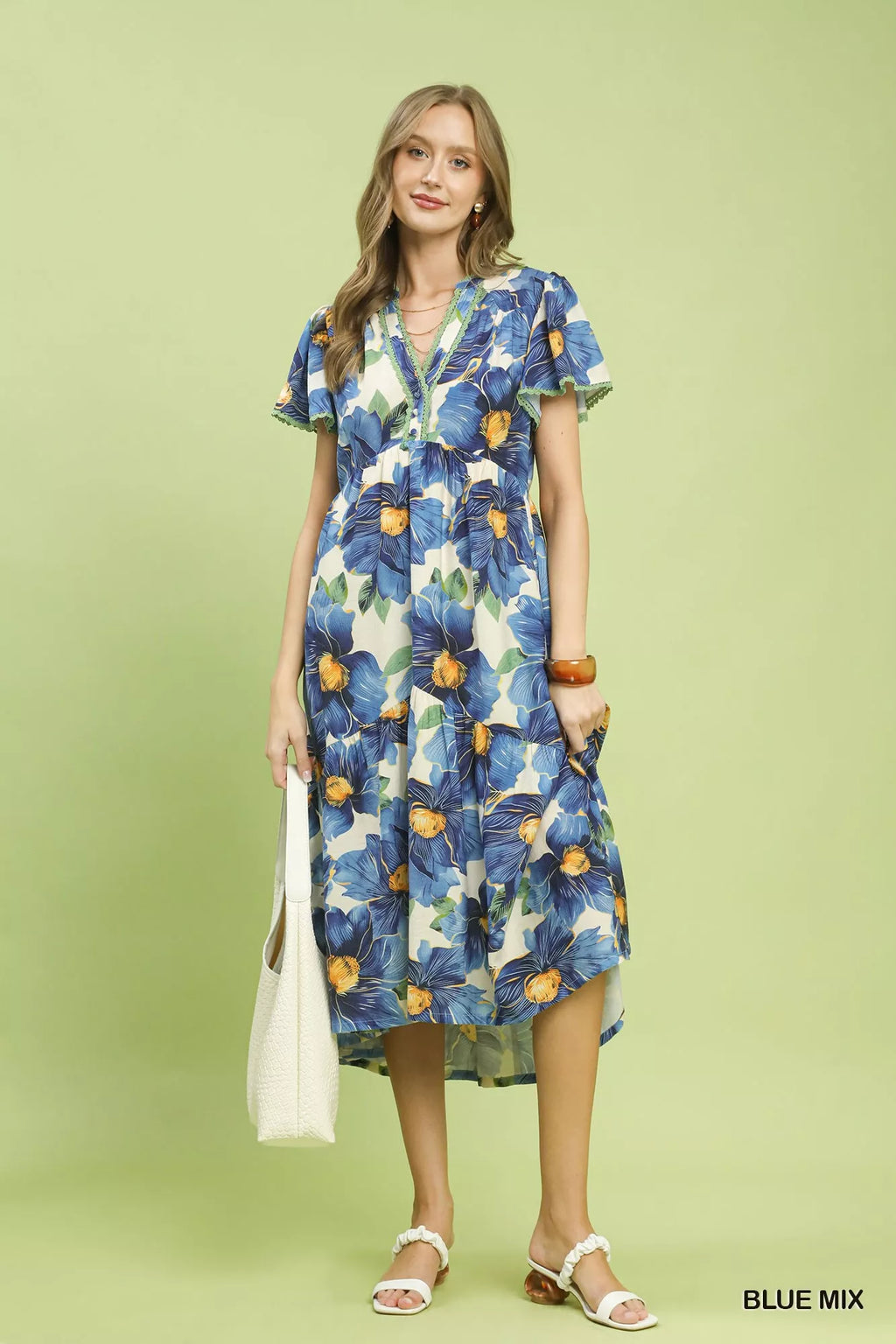 YSONA Umgee Tropical Floral Flutter Sleeve Tiered Midi Dress — model wearing | Women's Dress