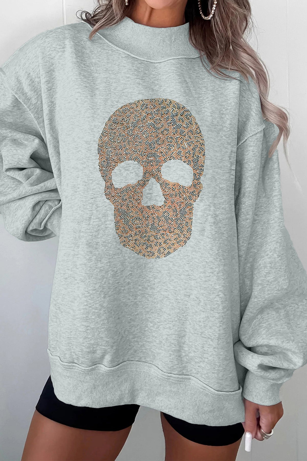 Gray Halloween Rhinestone Skull Graphic Mock Neck Baggy Pullover Sweatshirt