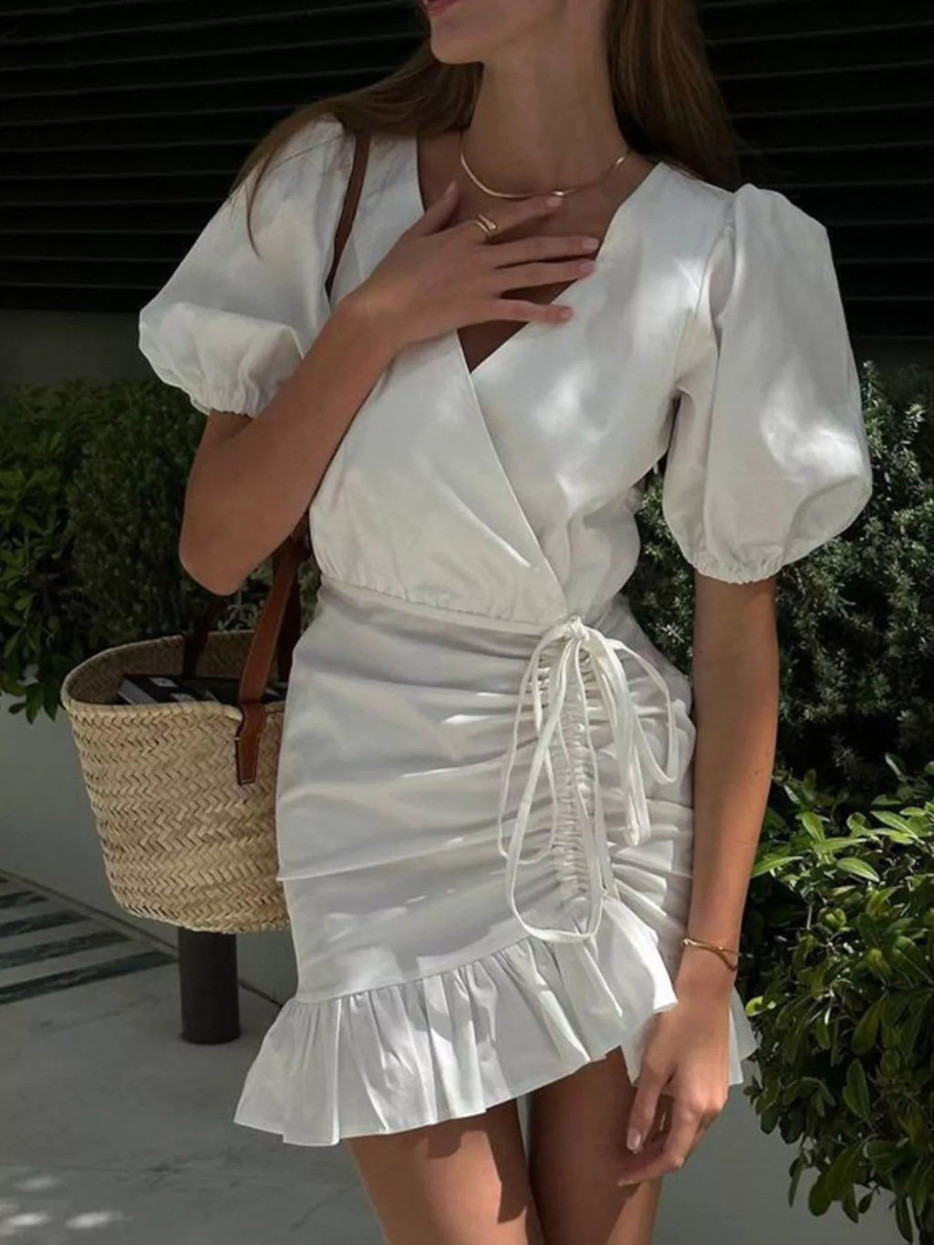 YSONA Ruffled Hem Ruched Puff Sleeve Mini Dress — back view | Women's Dress | Shop YSONA