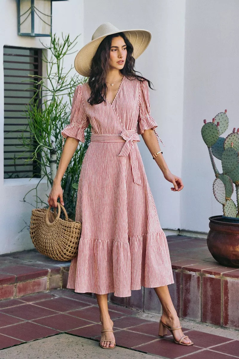 YSONA Stripe Textured Short Sleeves Lined Wrap Midi Dress — styling view | Women's Dress | Shop YSONA