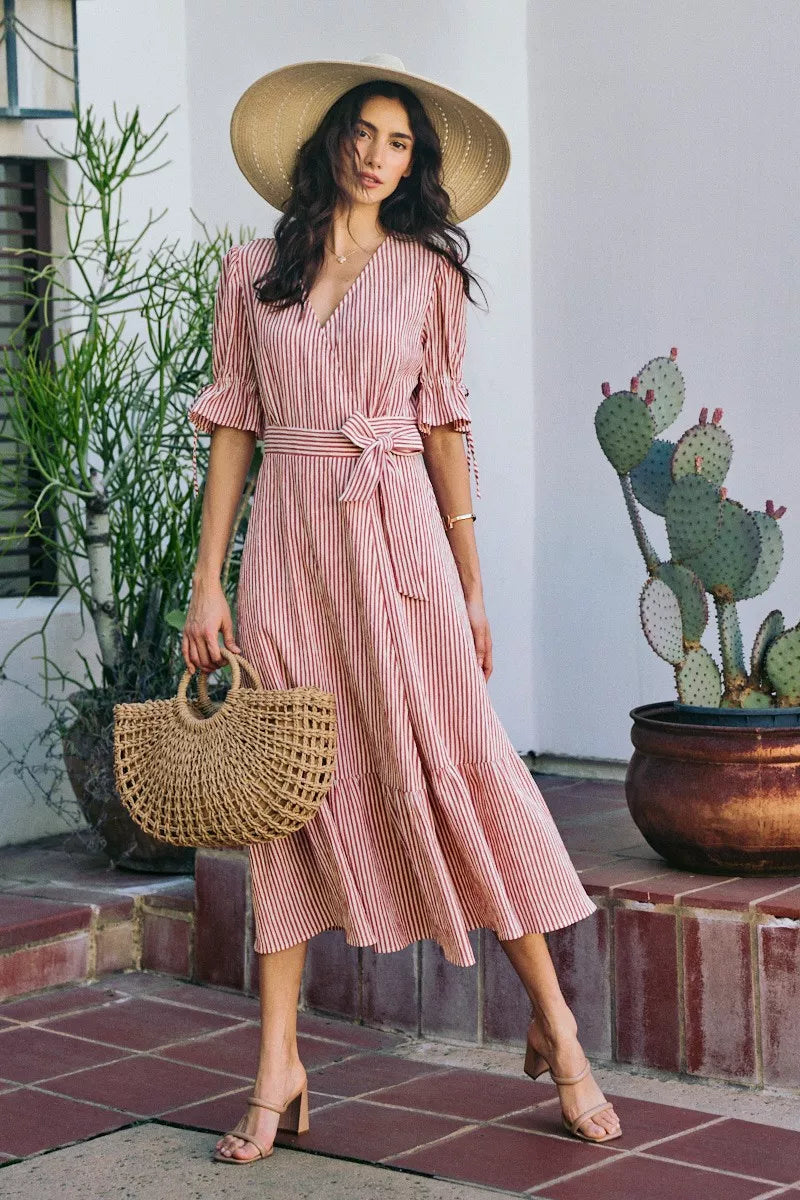 YSONA Stripe Textured Short Sleeves Lined Wrap Midi Dress — model wearing | Women's Dress | Shop YSONA