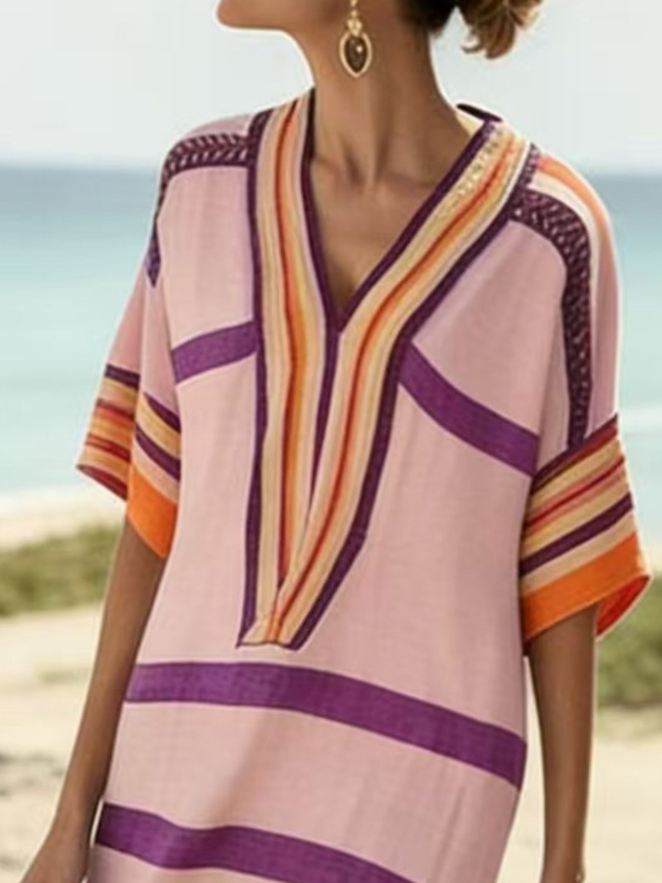 YSONA Full Size Striped Half Sleeve Midi Dress Plus Size — styling view | Women's Dress