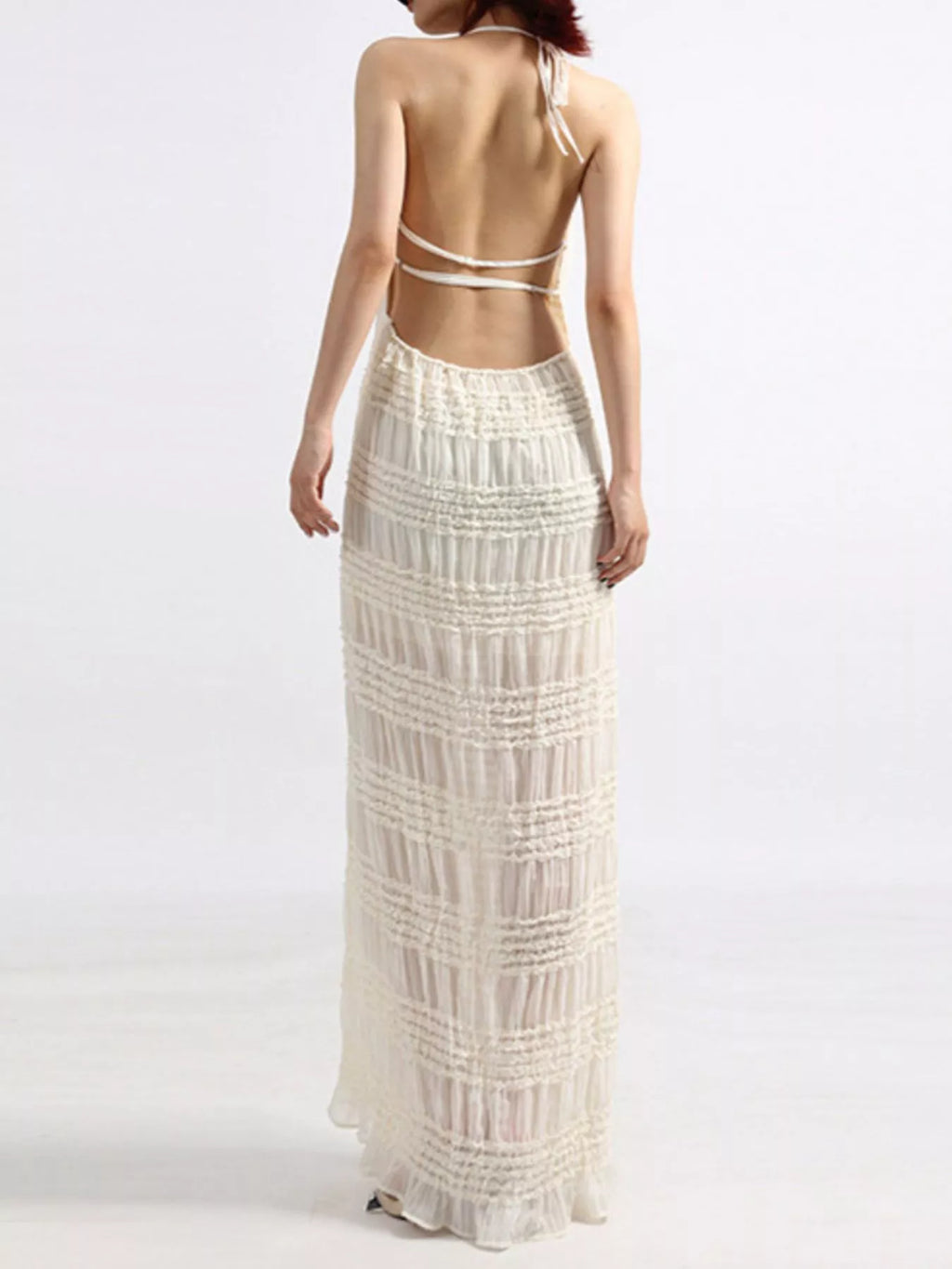 YSONA Backless Halter Neck Ruched Maxi Dress — model wearing | Women's Dress | Shop YSONA
