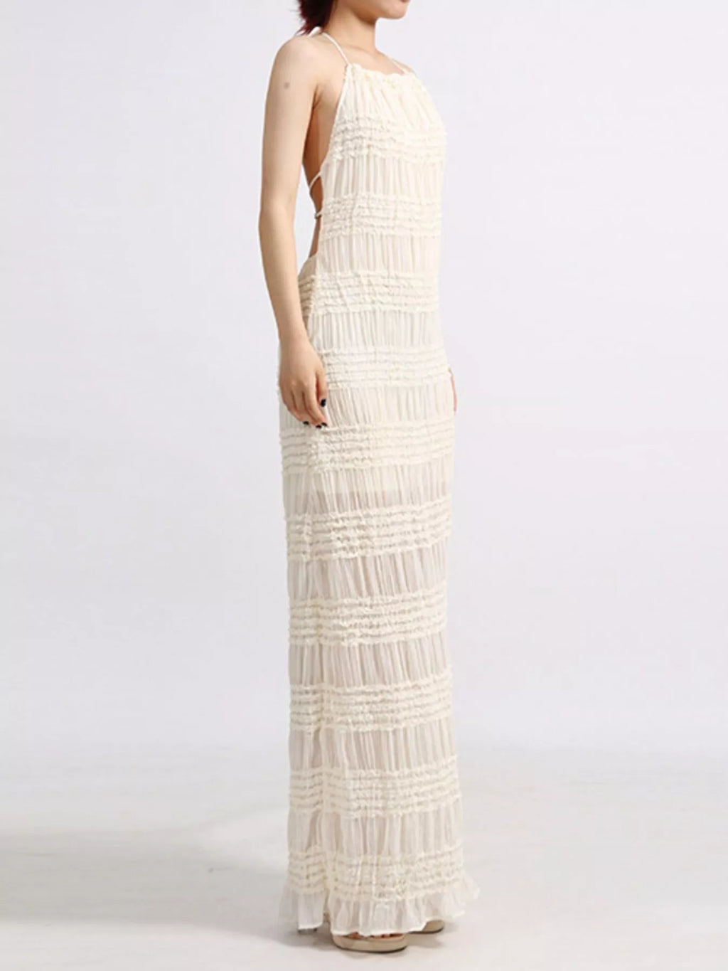 YSONA Backless Halter Neck Ruched Maxi Dress — detail view | Women's Dress | Shop YSONA
