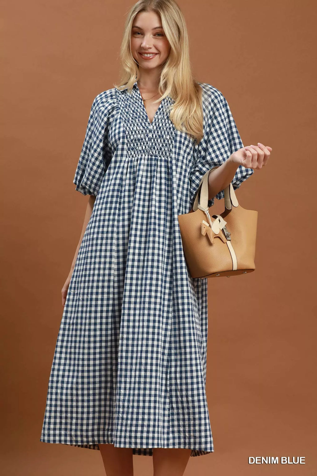 YSONA Umgee Puff Sleeve Plaid Midi Dress — front view | Women's Dress | Shop YSONA