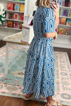 YSONA Geometric Print Short Sleeve Drawstring Shirt Collar Dress — detail view | Women's Dress
