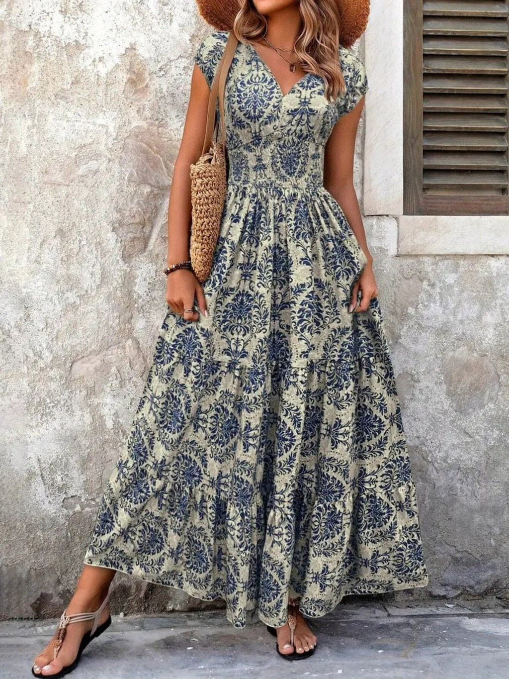 YSONA Printed Cap Sleeve Maxi Dress — back view | Women's Dress | Shop YSONA