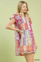 YSONA Umgee Mix Patchwork Flutter Sleeve Mini Dress — back view | Women's Dress | Shop YSONA