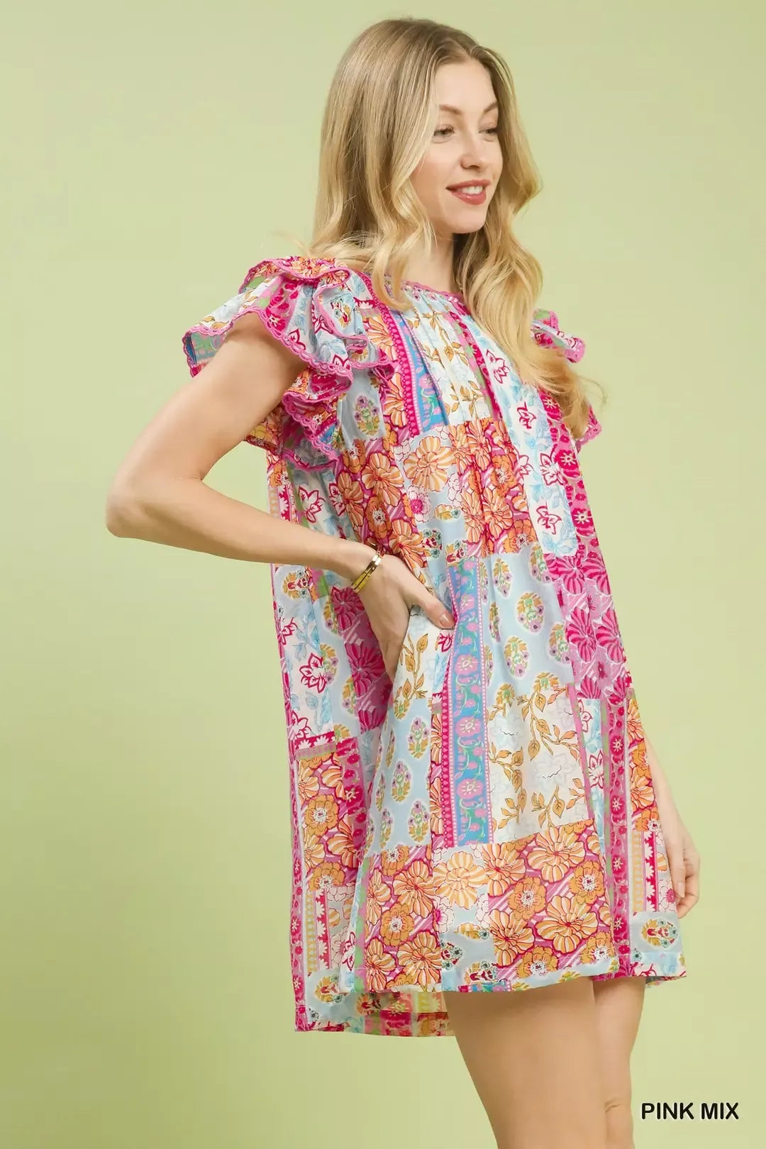 YSONA Umgee Mix Patchwork Flutter Sleeve Mini Dress — back view | Women's Dress | Shop YSONA